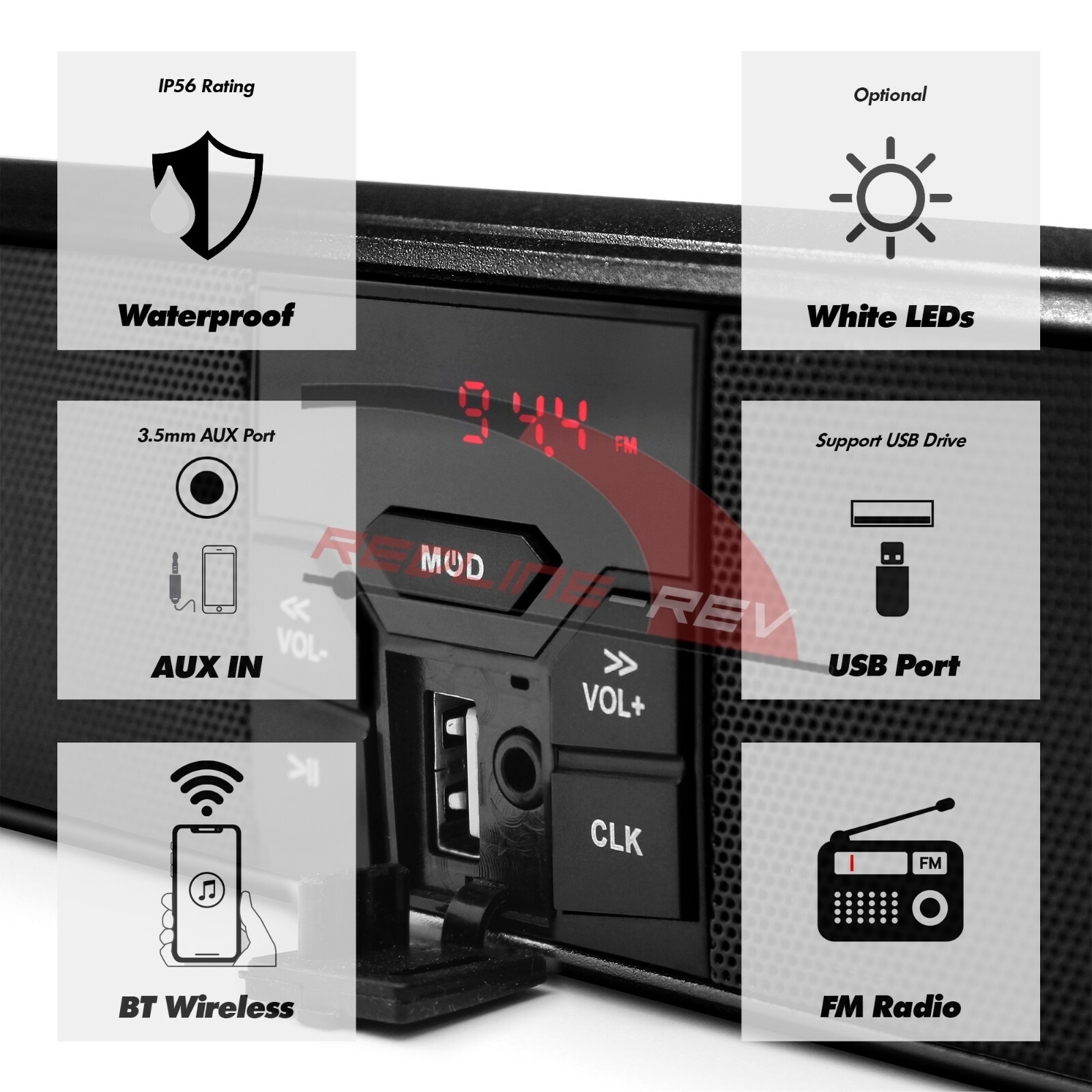 Refurb Bluetooth Waterproof Motorcycle Audio Stereo Speaker System LED FM Radio