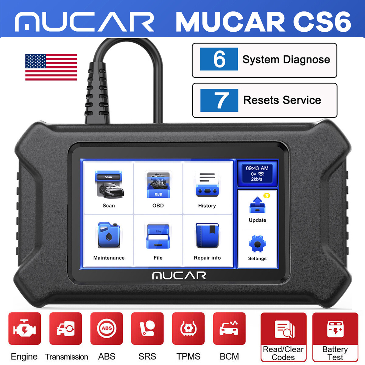 MUCAR CS4 Car OBD2 Scanner Code Reader Check Engine ABS SRS Oil Diagnostic Tool