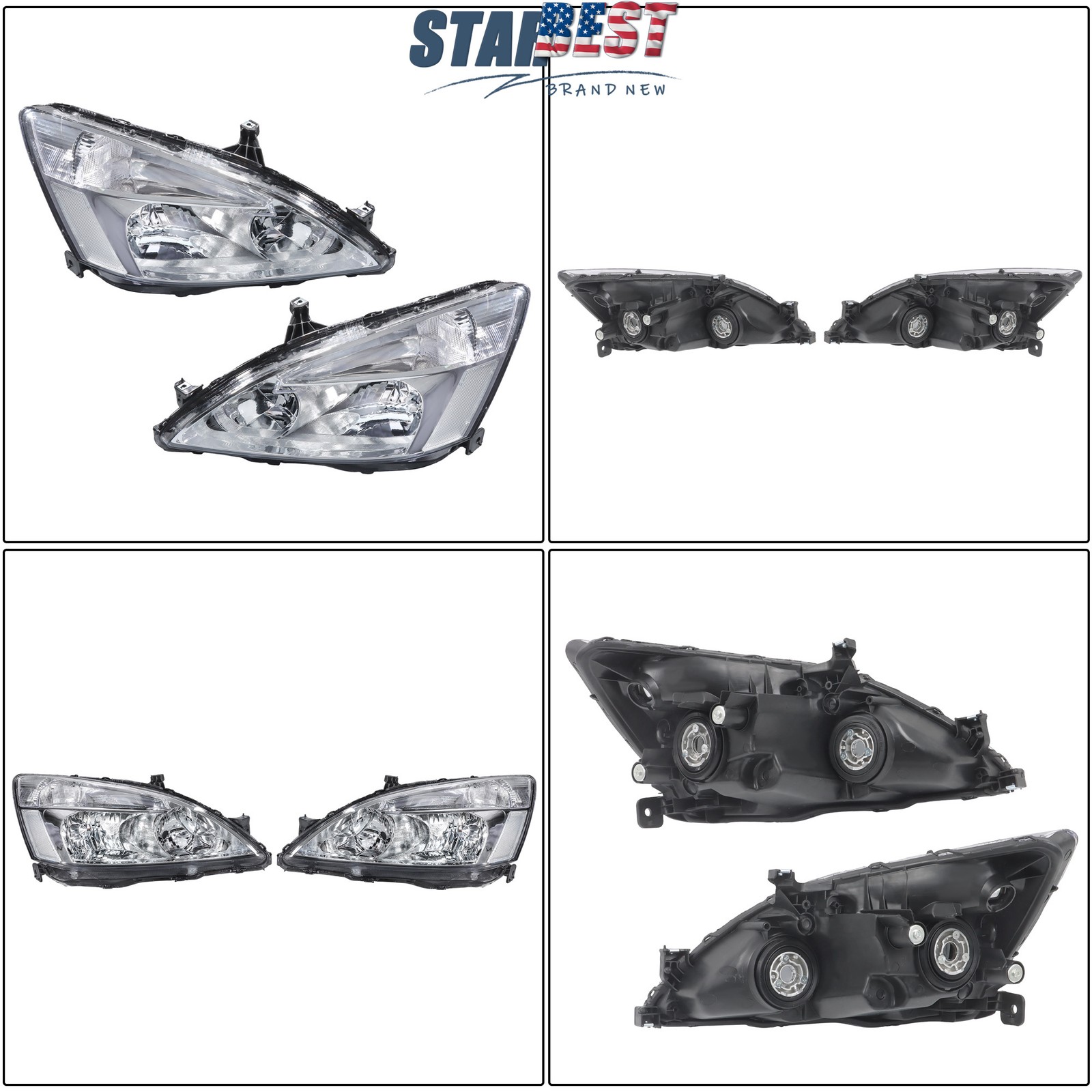 Headlight Assembly Halogen Left+Right Chrome Housing For Honda Accord 2003-2007
