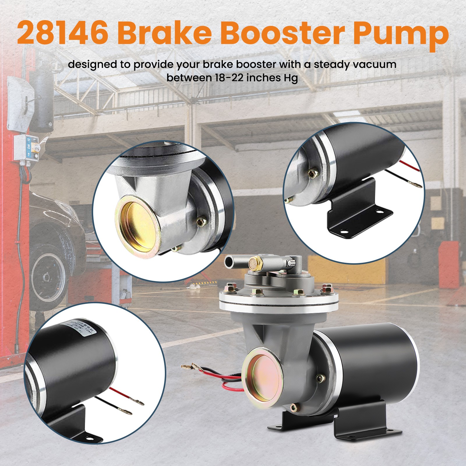 Electric Vacuum Pump Kit for Brake Booster 12 Volt 18″ to 22″ Easy Installation