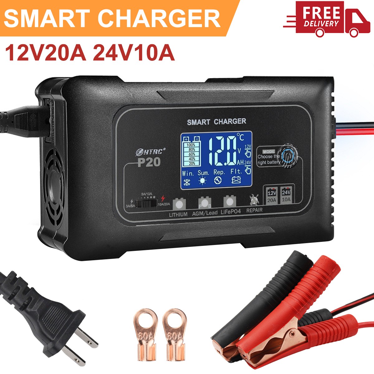 20-Amp Lifepo4 Lithium AGM Gel Smart Battery Charger, 12V/20A 24V/10A Maintainer