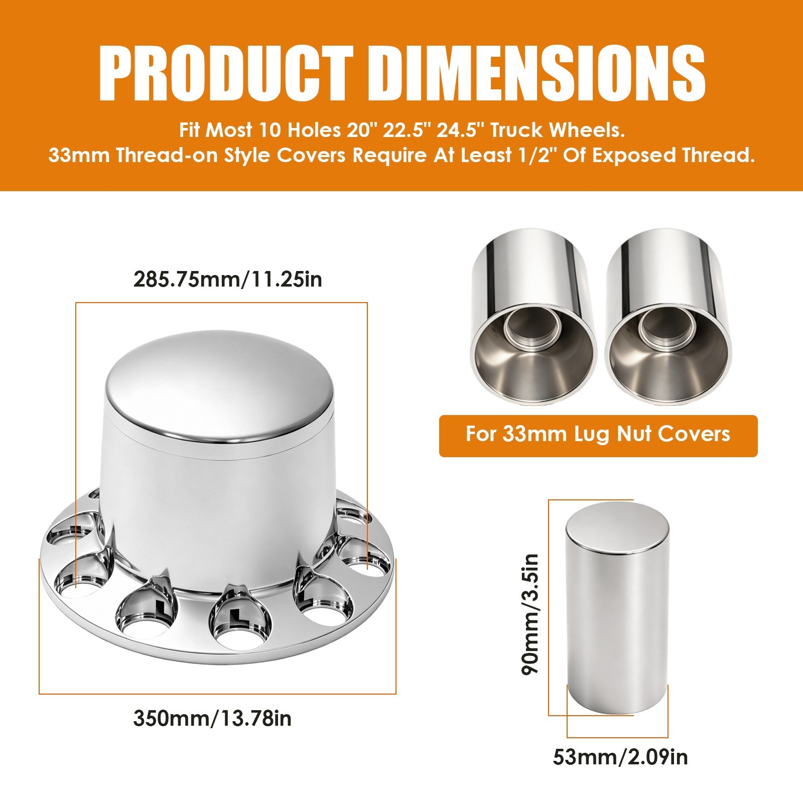 2pcs Chrome Standard Semi‑Truck Rear Axle Cover Cylinder Lug Nut Covers
