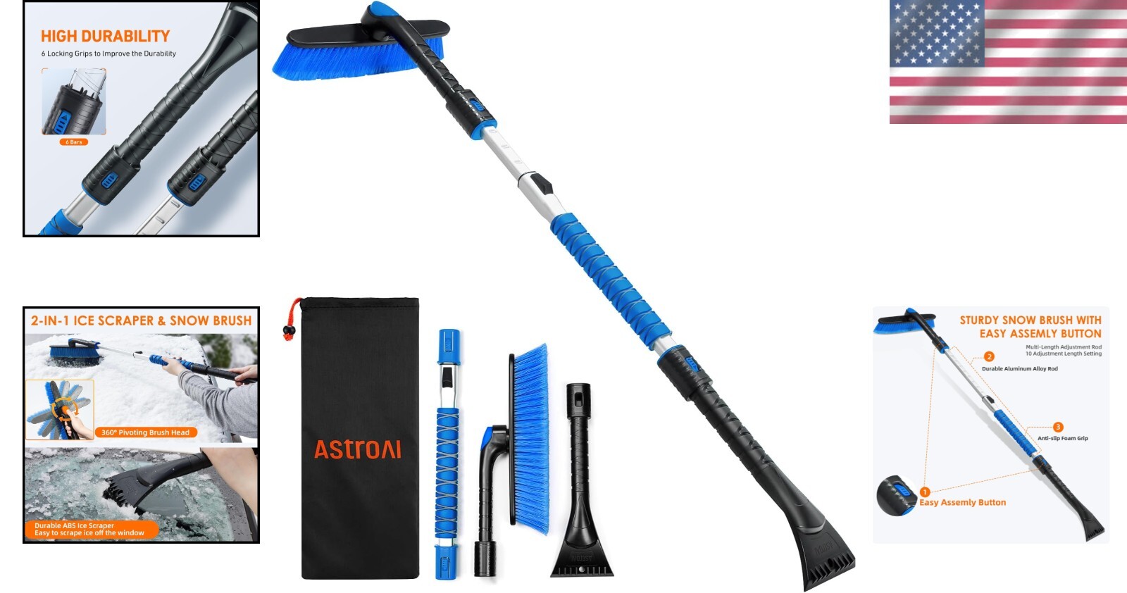 Multi-Limit Length Snow Brush with 360° Pivot Head for Complete Snow Clearance