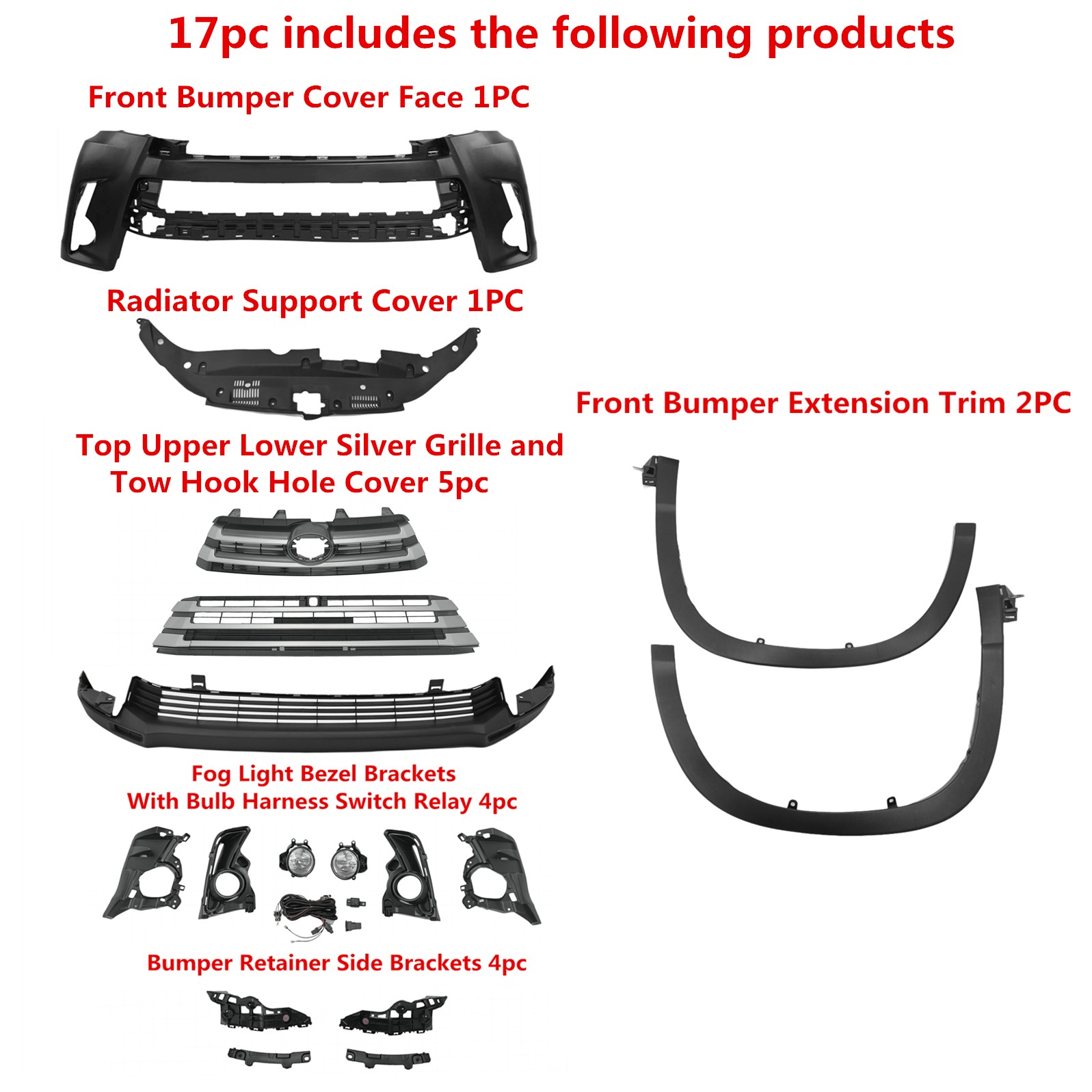 For Highlander 2017-19 Front Bumper Cover,Upper Lower Silver Grille&Fog Lamp Kit