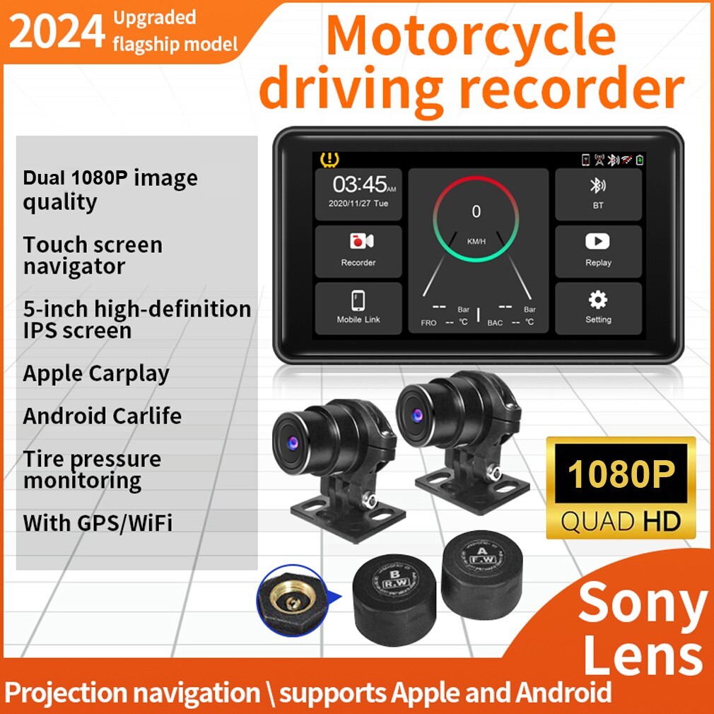 5Inch Motorcycle Dash Cam GPS Wifi Wireless Carplay Android Auto IPX67 With TPMS