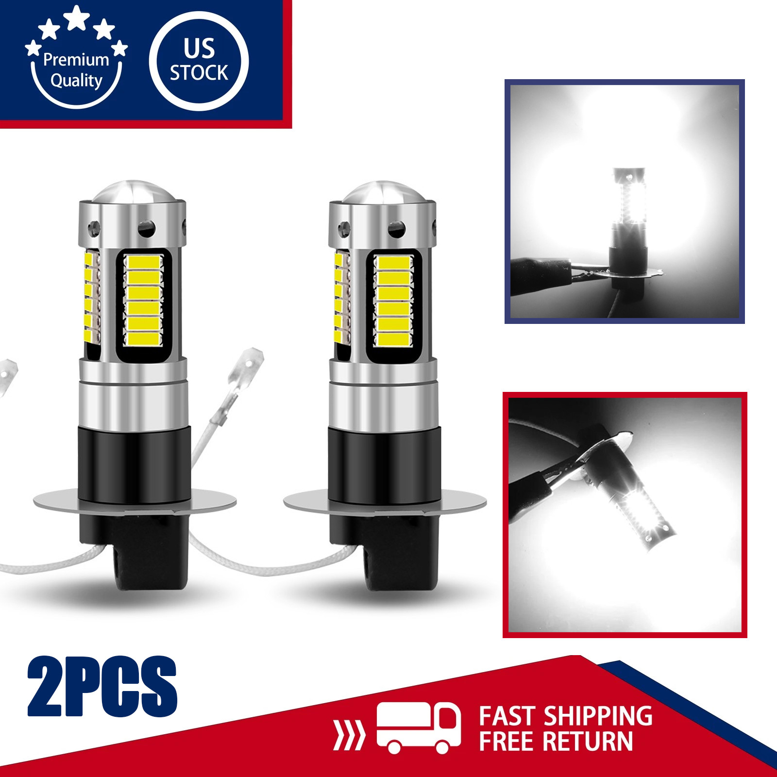 2X H3 100W LED Fog Driving Light Bulbs Conversion Kit Super Bright 6000K White
