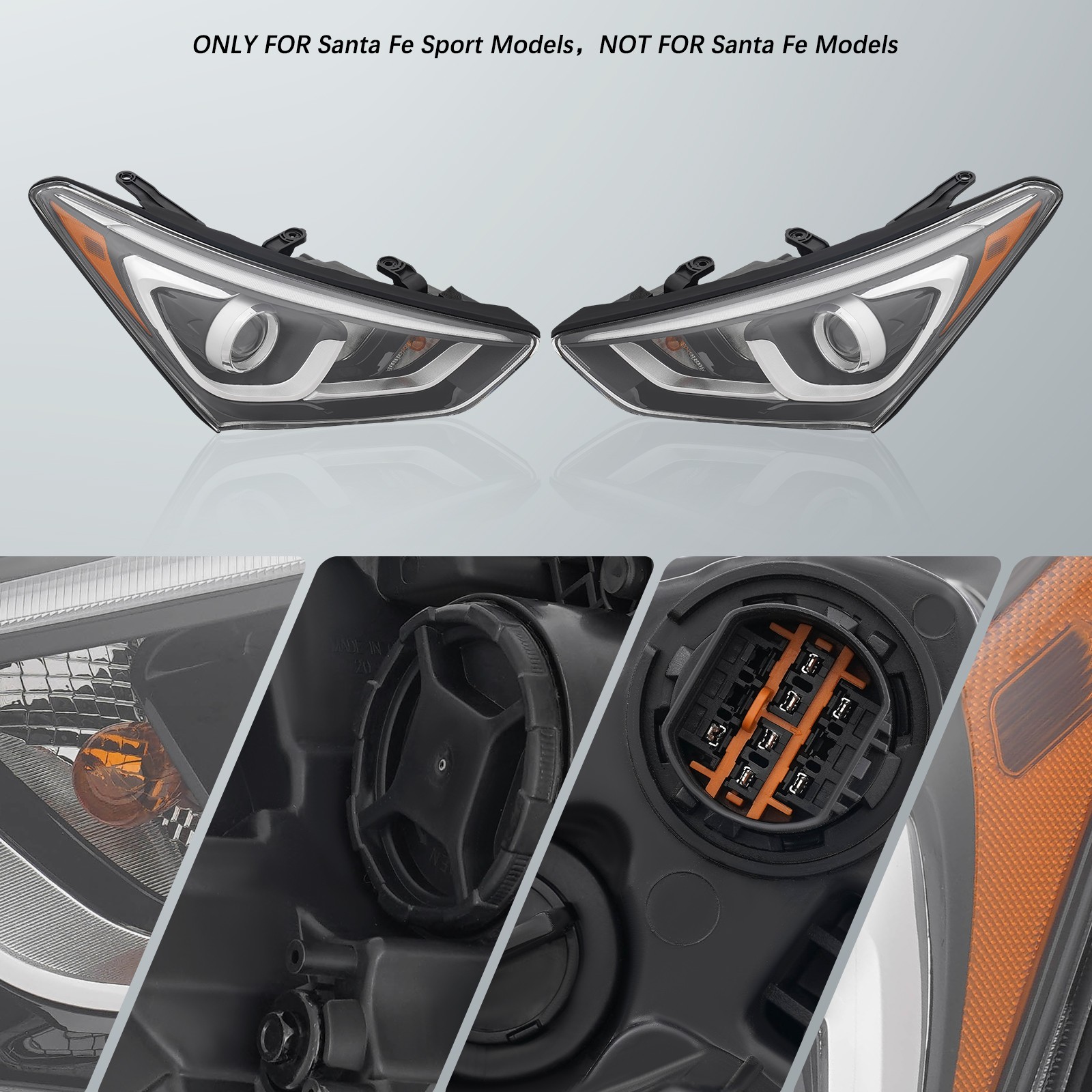 for 2017-2018 Hyundai Santa Fe Sport Halogen Headlights Headlamps w/DRL Pair Set