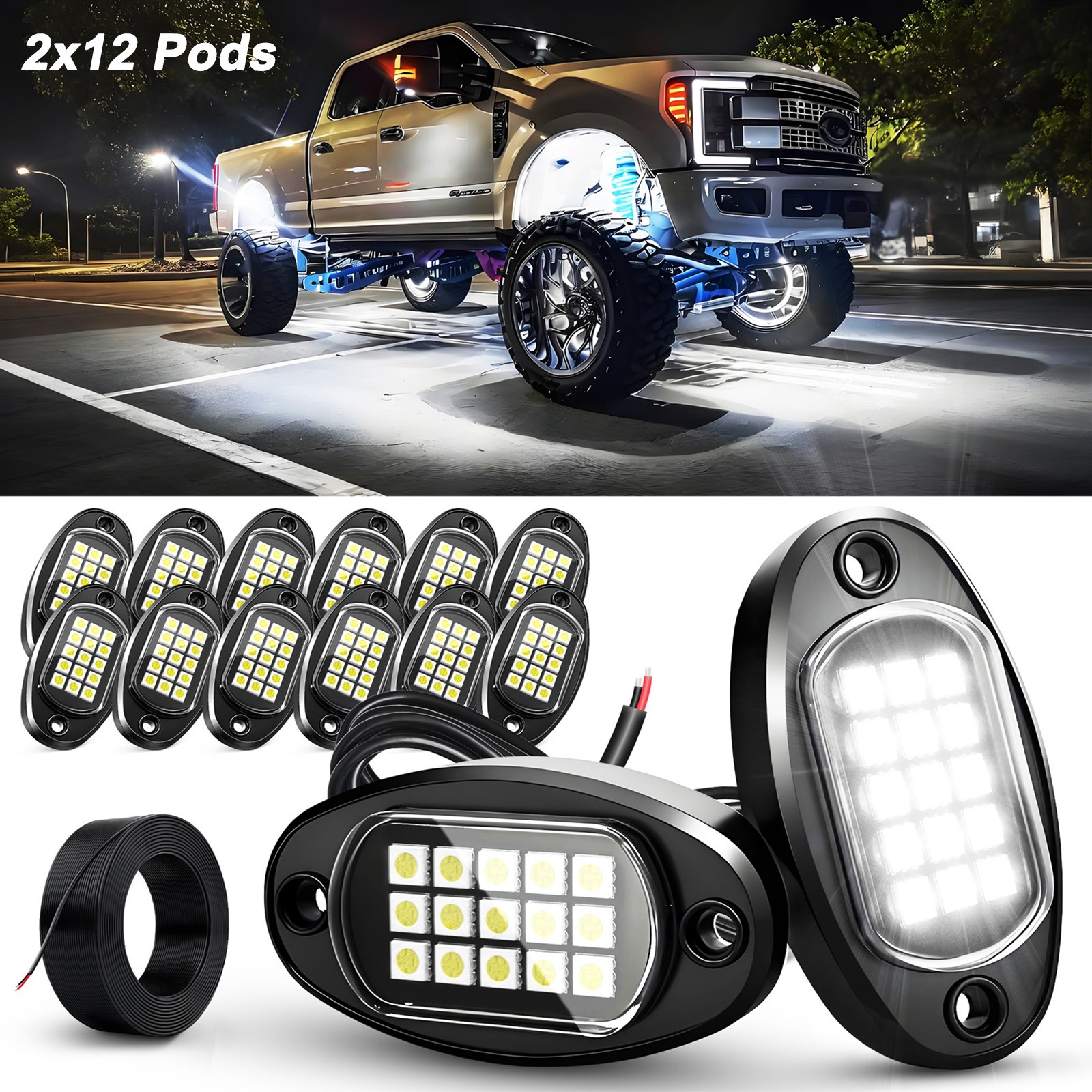 24 Pods LED Rock Lights for Trucks Underglow Wheel Well Light 6000K Pure White