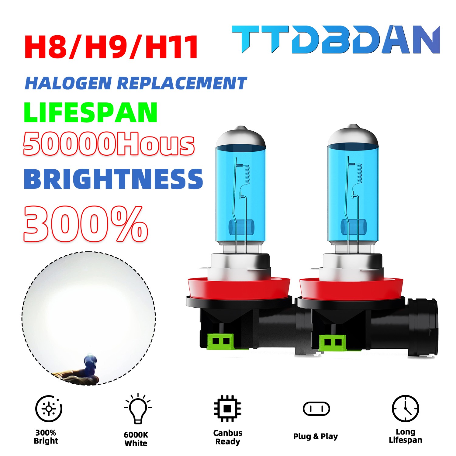 2PCS H8/H9/H11 Warm White Halogen Headlight Bulb Kit High/Low Beam 300% Bright