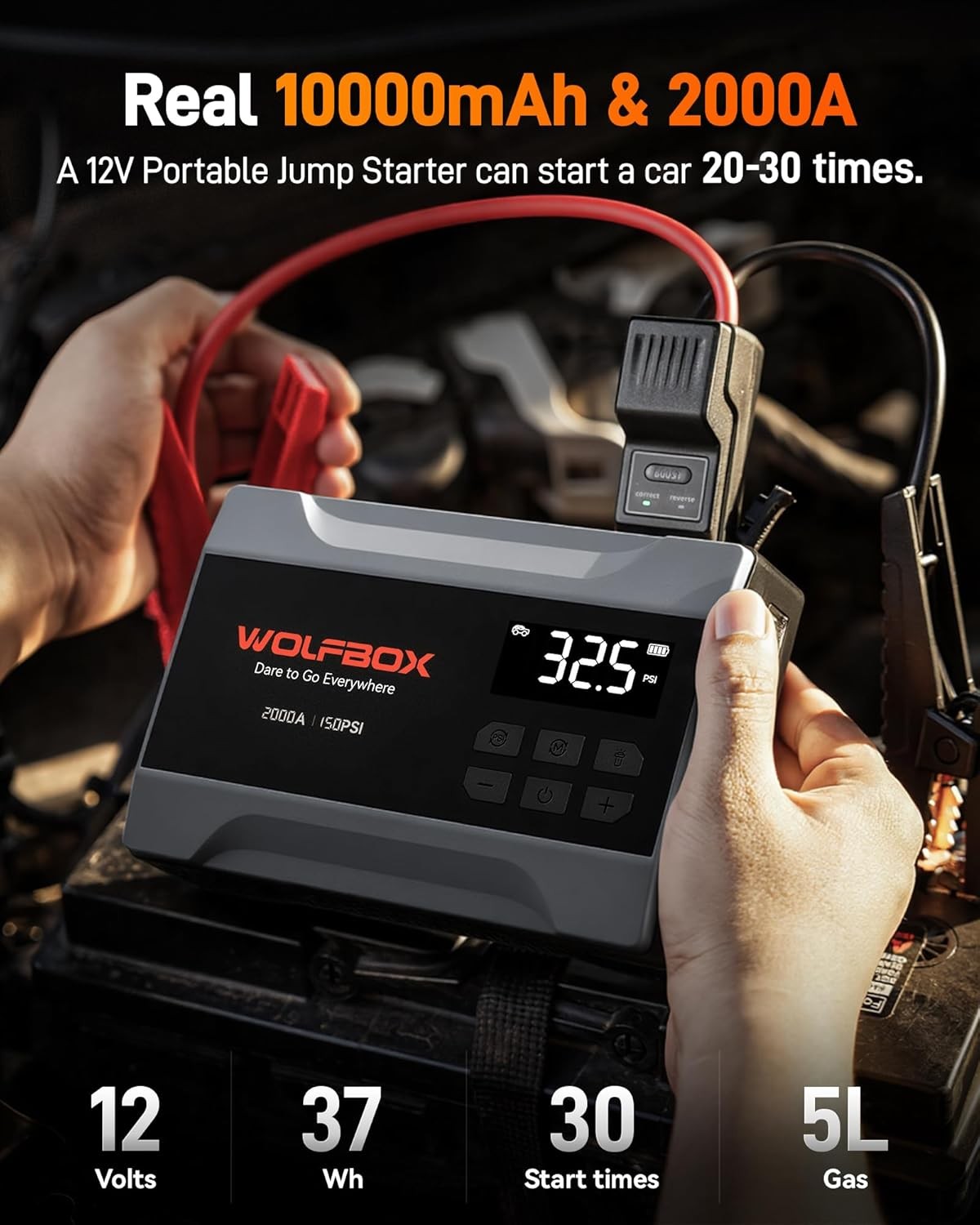 WOLFBOX Portable 2000A Jump Starter With Air Compressor 150PSI Tire Inflator LED