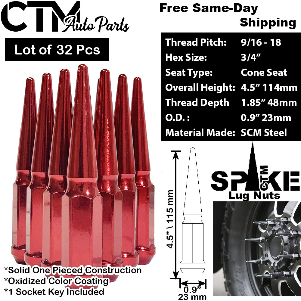32Pc 4.5″ TALL RED 9/16-18 SPIKE LUG NUT+KEY FIT 94-10 DODGE/RAM 2500/3500