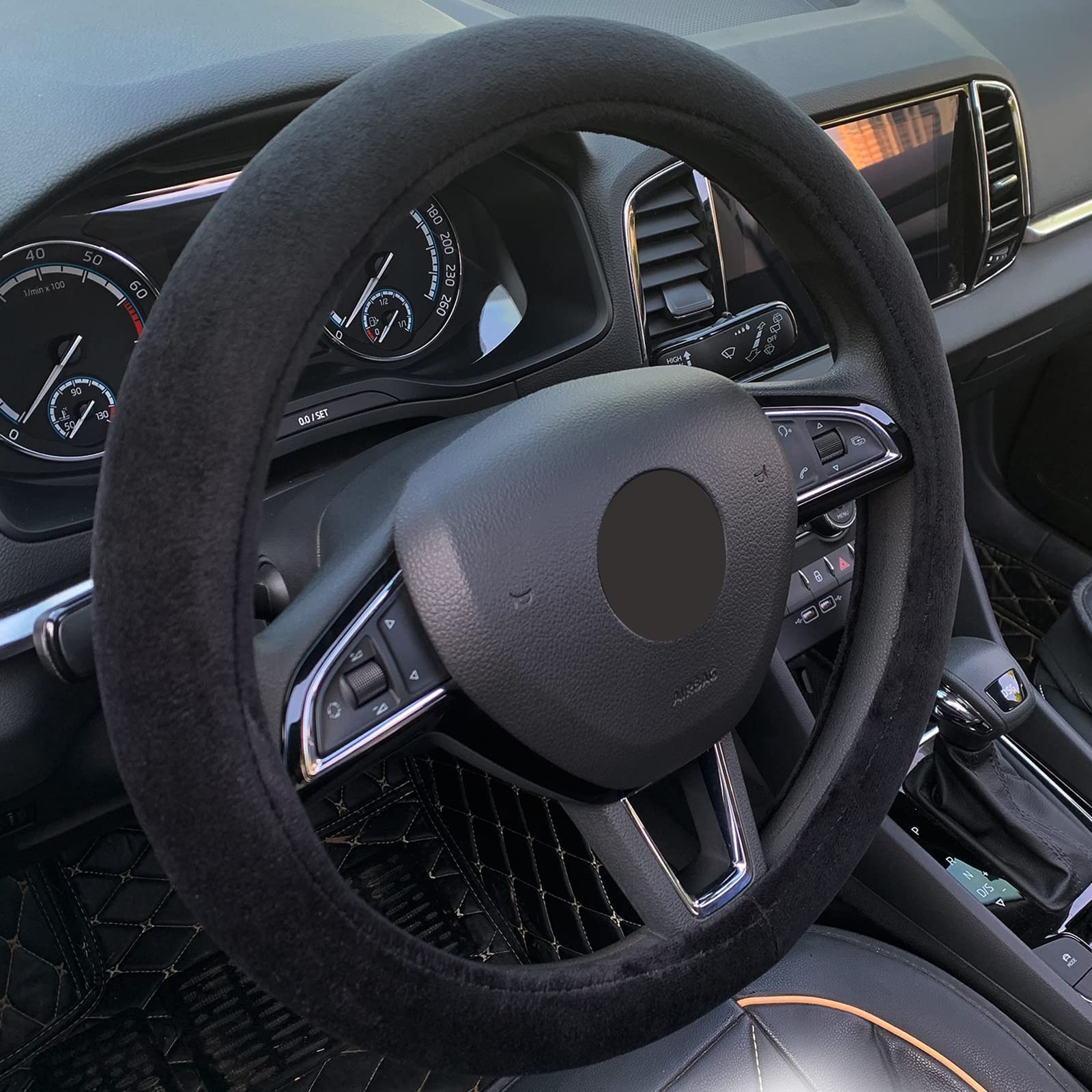 RANXIZY Fluffy Steering Wheel Cover, Short Plush Auto 15inch, Black