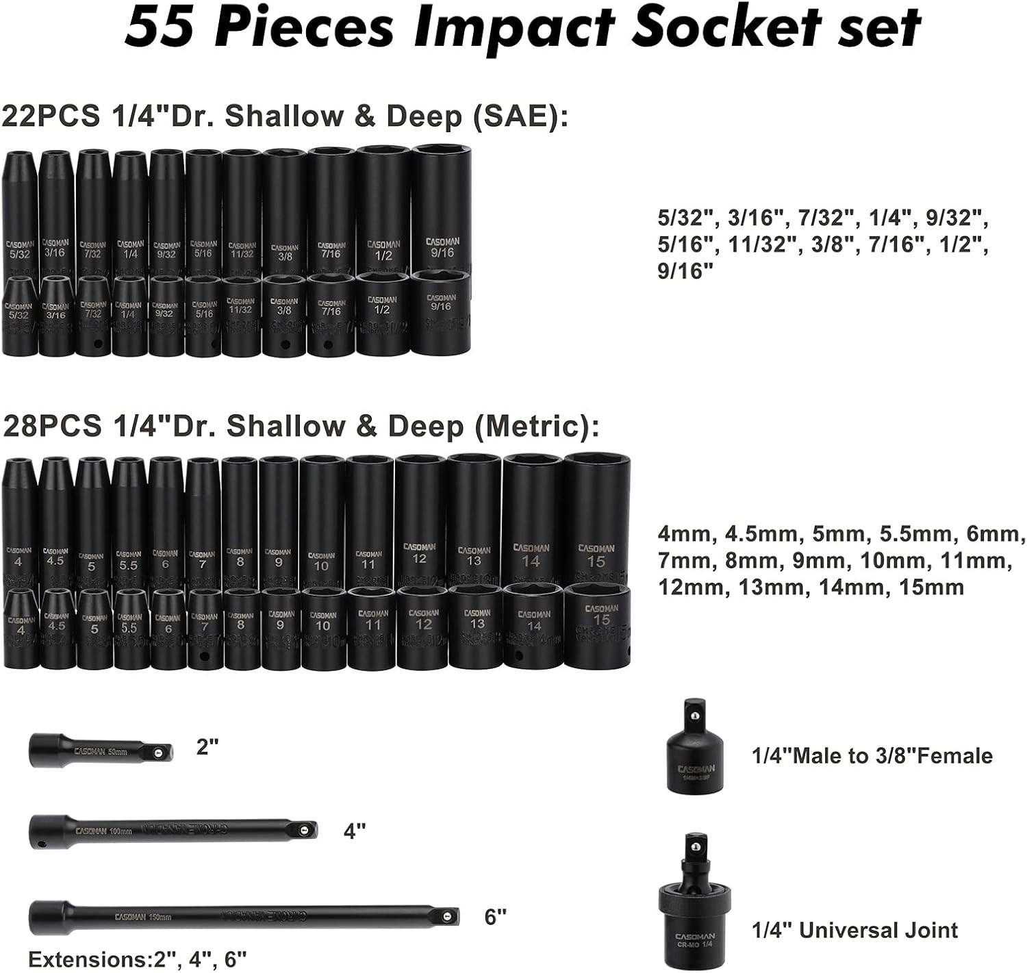 55PCS 1/4-Inch Drive Impact Socket Set, Shallow & Deep, 5/32 Inch – 9/16 Inch…
