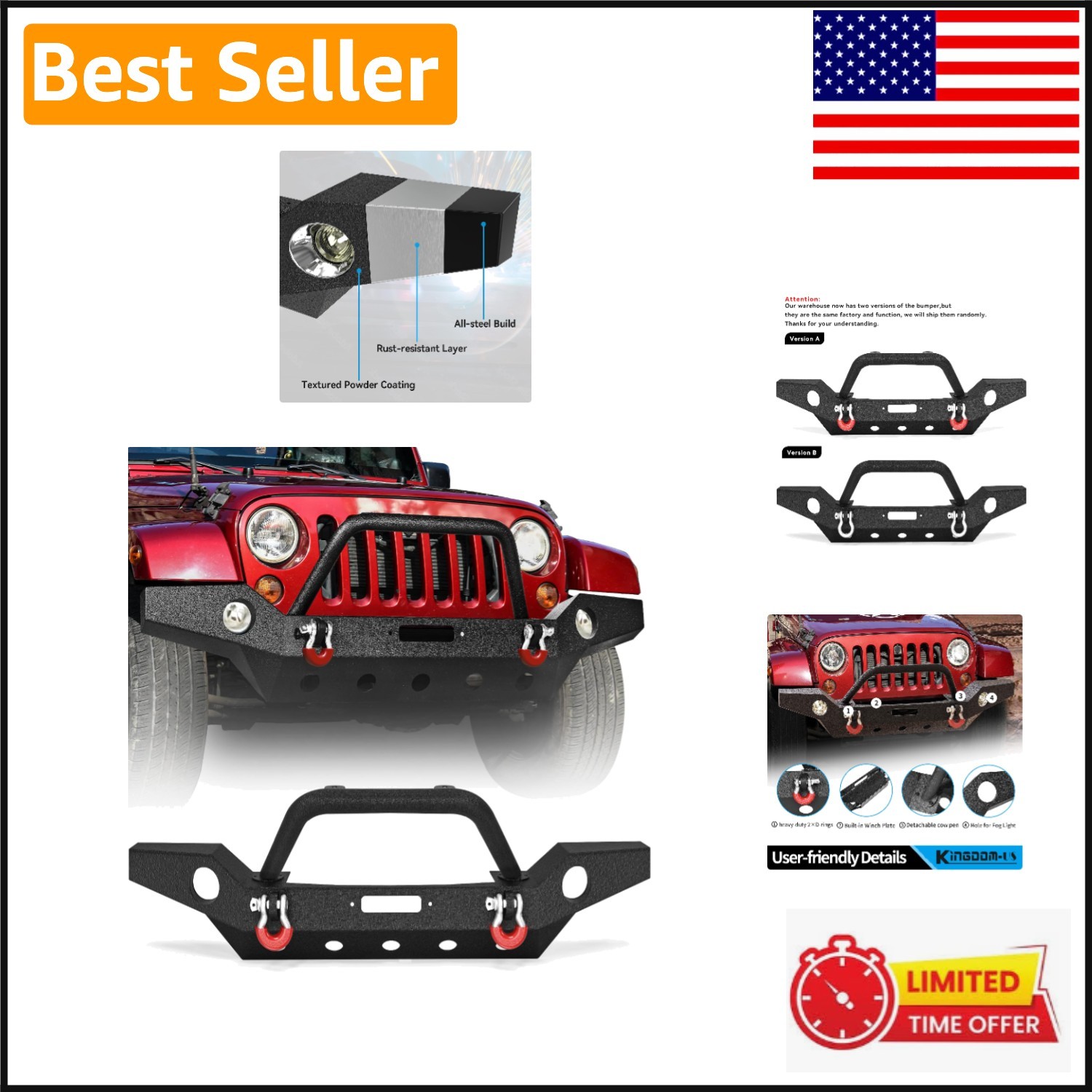 Carbon Steel Full Width Bumper for 2007-2018 Jeep JK & Unlimited Models