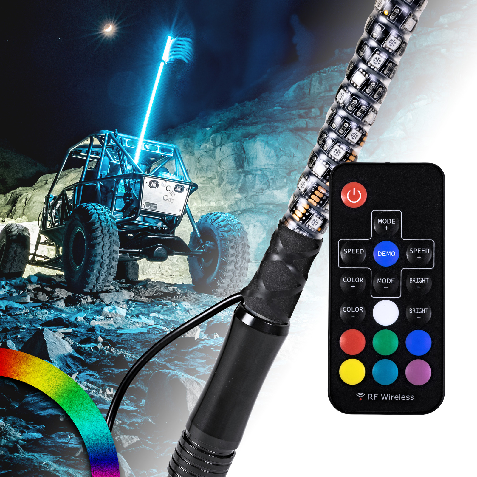 2ft RGB LED Spiral Whip Light Antenna with Flag & Remote for ATV UTV Polaris RZR