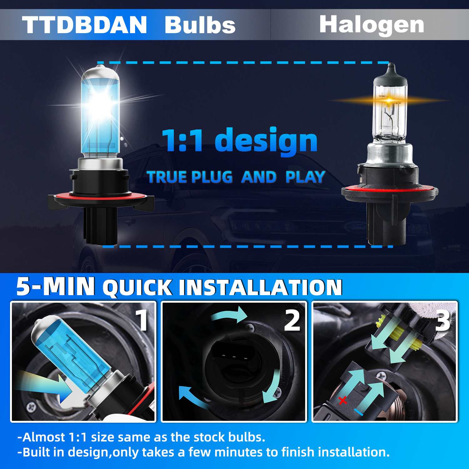 2PCS H13/9008 Halogen Headlight Bulbs Kit High/Low Beam 5000K Warm White Bright