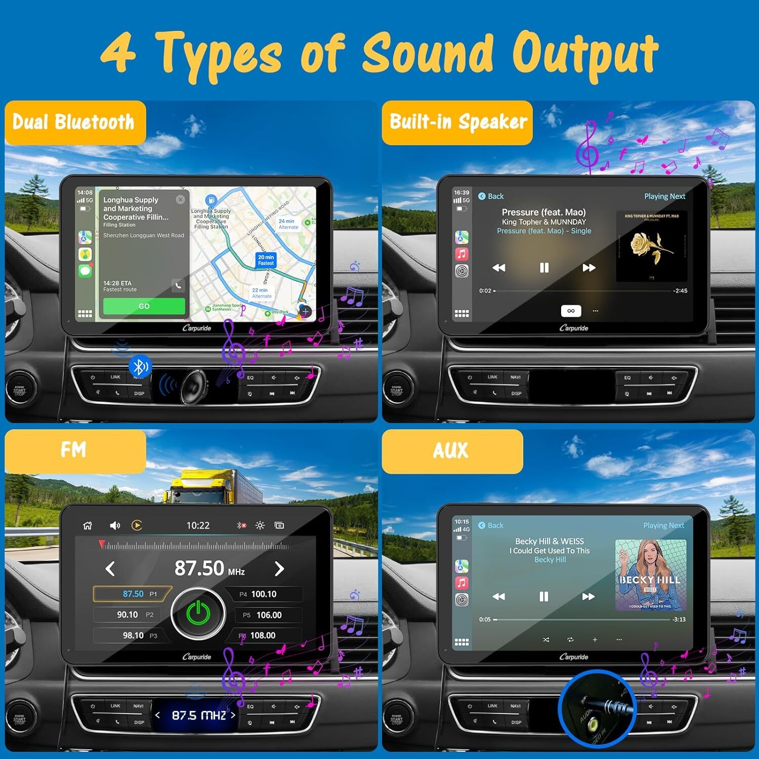 Carpuride Wireless Carplay Android Auto Mirror Link Dual Bluetooth W/Backup Cam