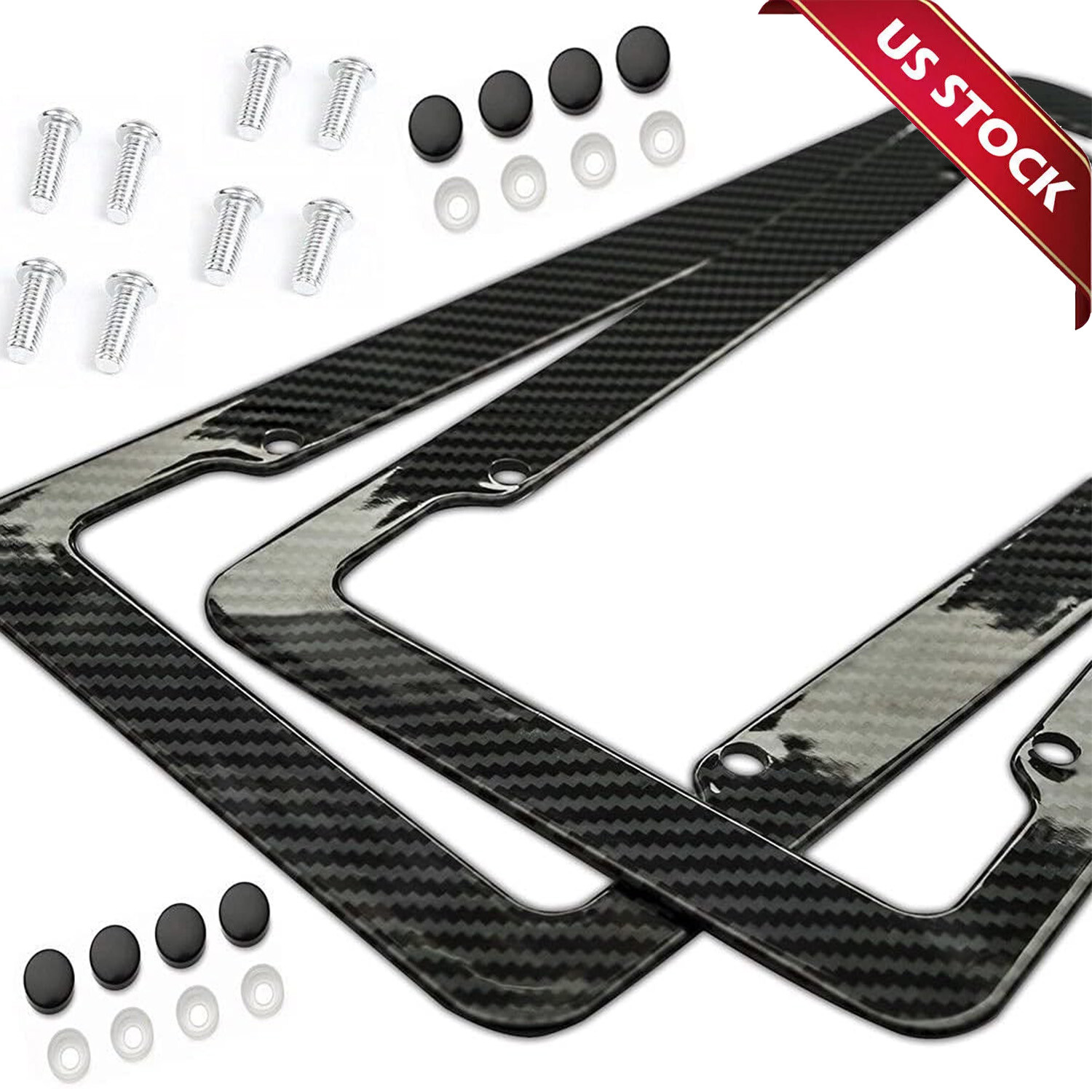 2Pack 4 Hole Carbon Fiber License Plate Frames- Black ABS Plastic Car Tag Holder