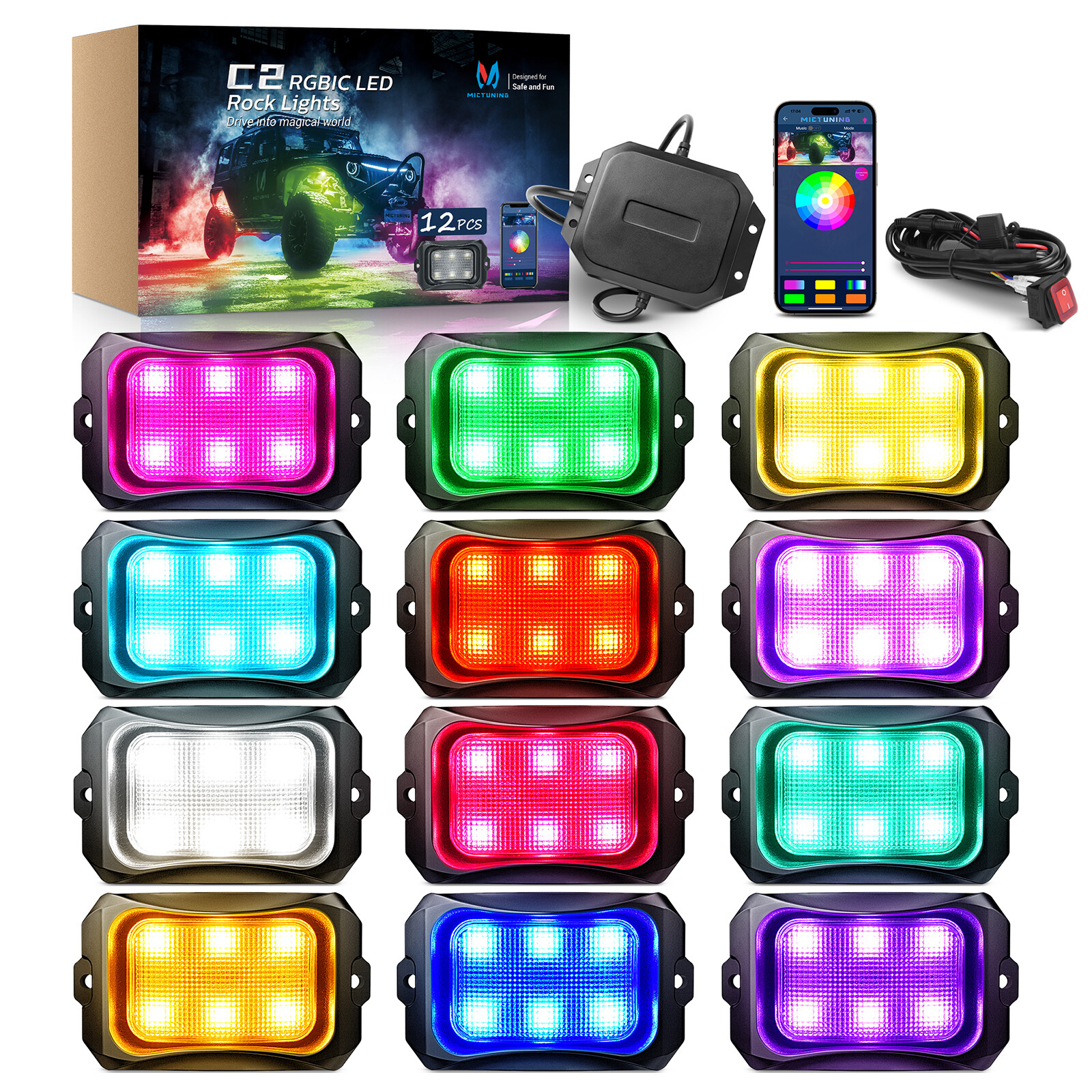 MICTUNING C2 Max RGB-IC LED Rock Lights Kit – 12 Pods Dream Color Chasing Lights