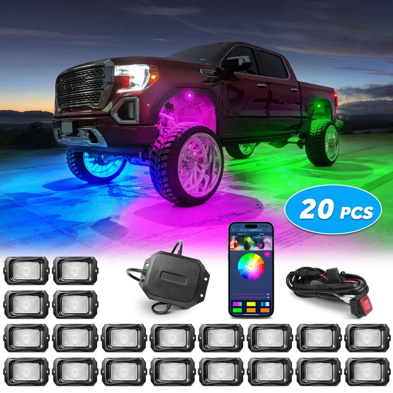 MICTUNING C2 RGB+IC Dream Color LED Rock Lights Kit, 8-24 Pods Underglow Lights