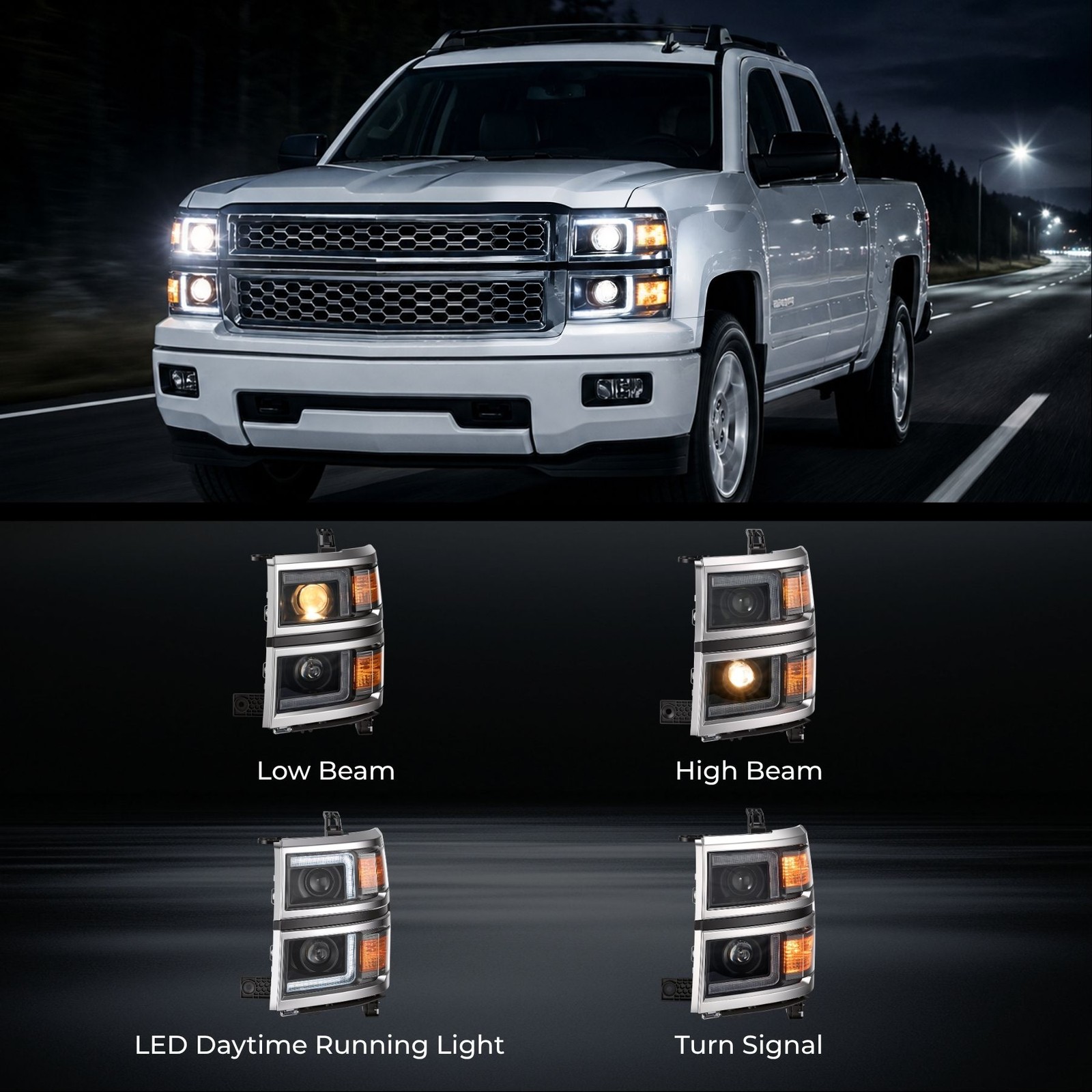 LED DRL Projector Headlights Assembly for 2014-2015 Chevy Silverado 1500 Chrome