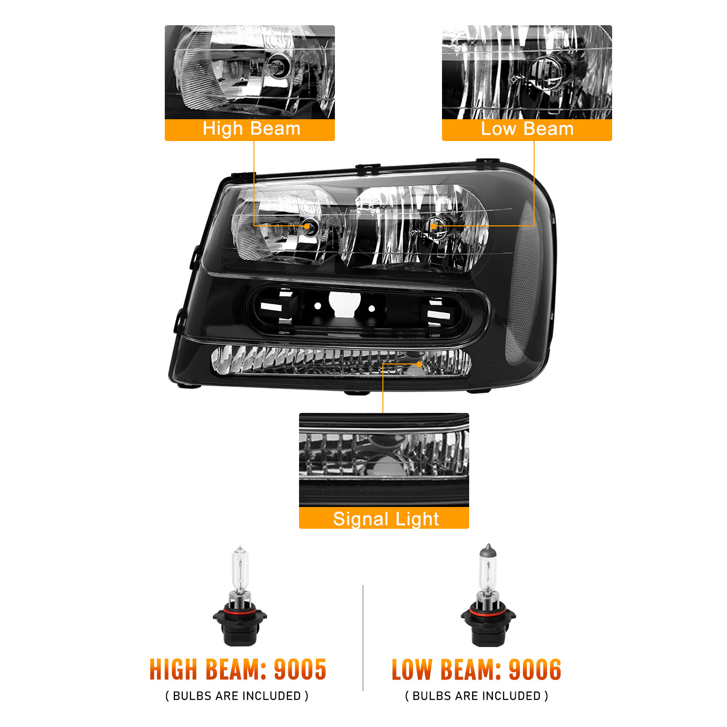 For 2002-2009 Chevy Trailblazer Black Housing Halogen Headlights Headlamps Pairs