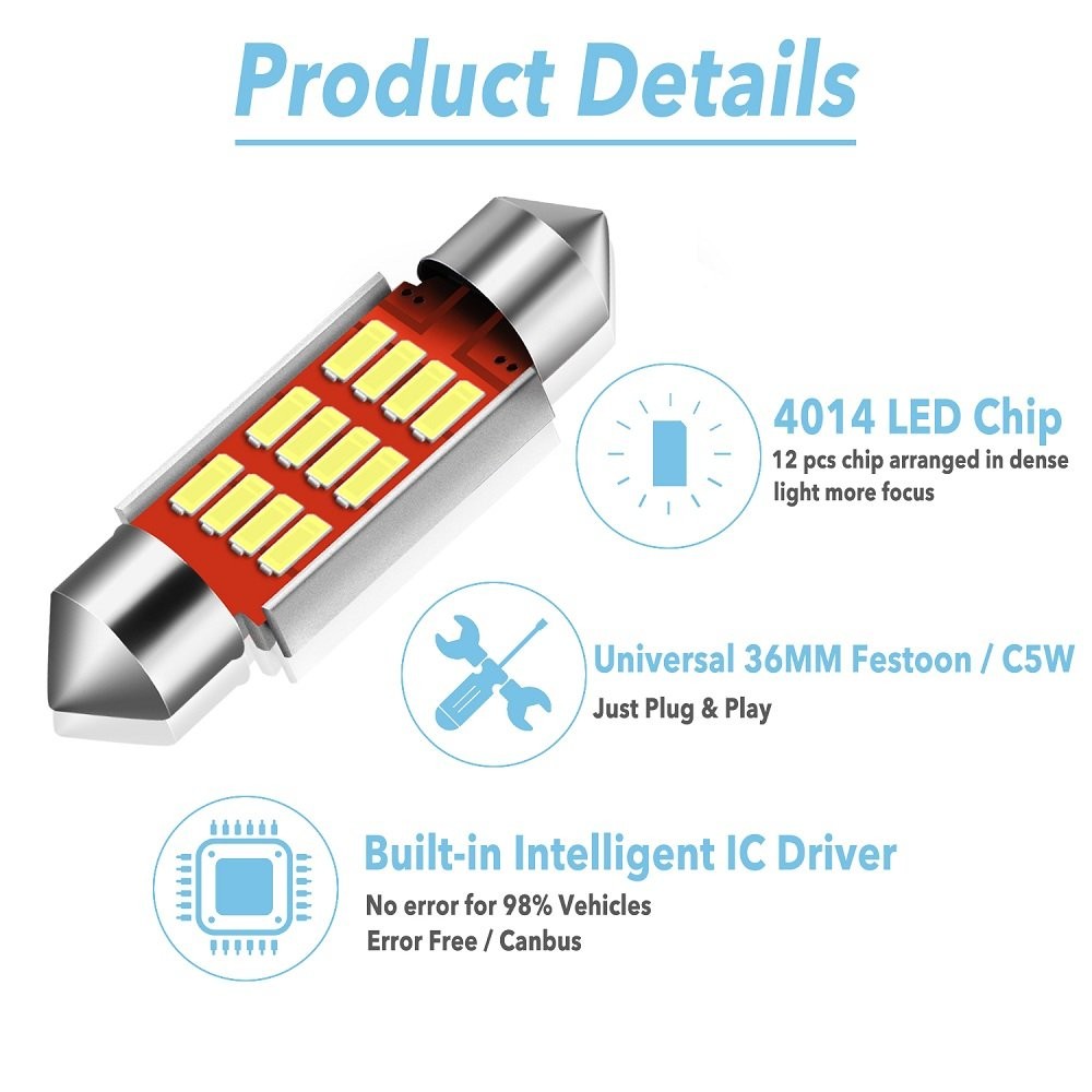 LED Side Marker Dome Map Trunk Light Bulb White 12SMD 4014 Chips 36MM 6000K Pair