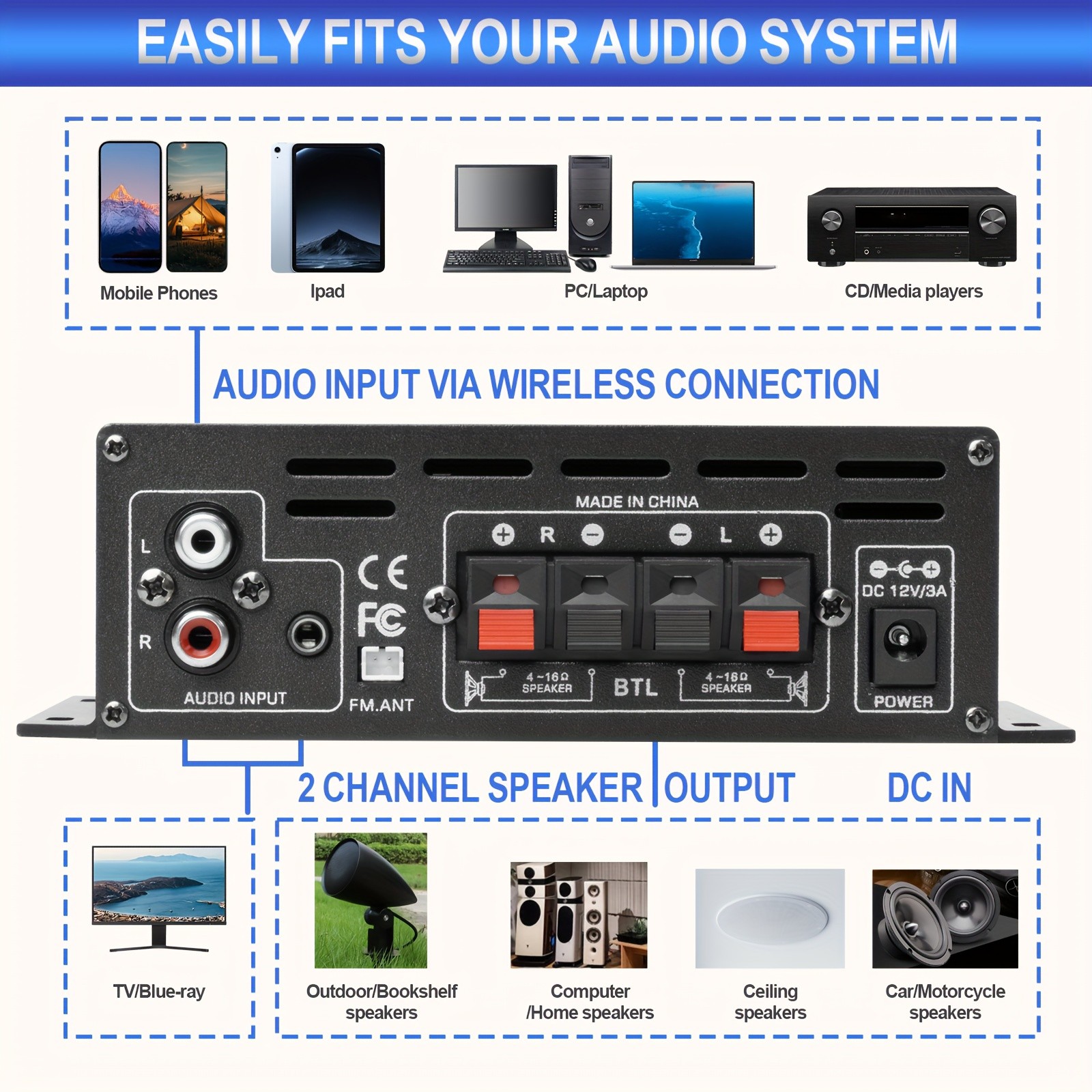 Bluetooth 5.0 Audio Power Amplifier 400W+400W 2.0 CH HiFi Stereo Amp Receiver