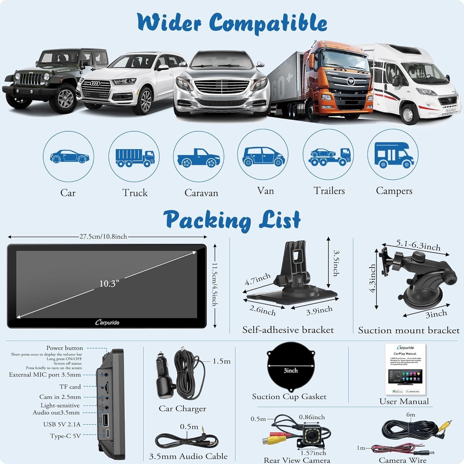 Carpuride W103Pro Wireless Carplay Android Auto Stereos Bluetooth Backup Camera