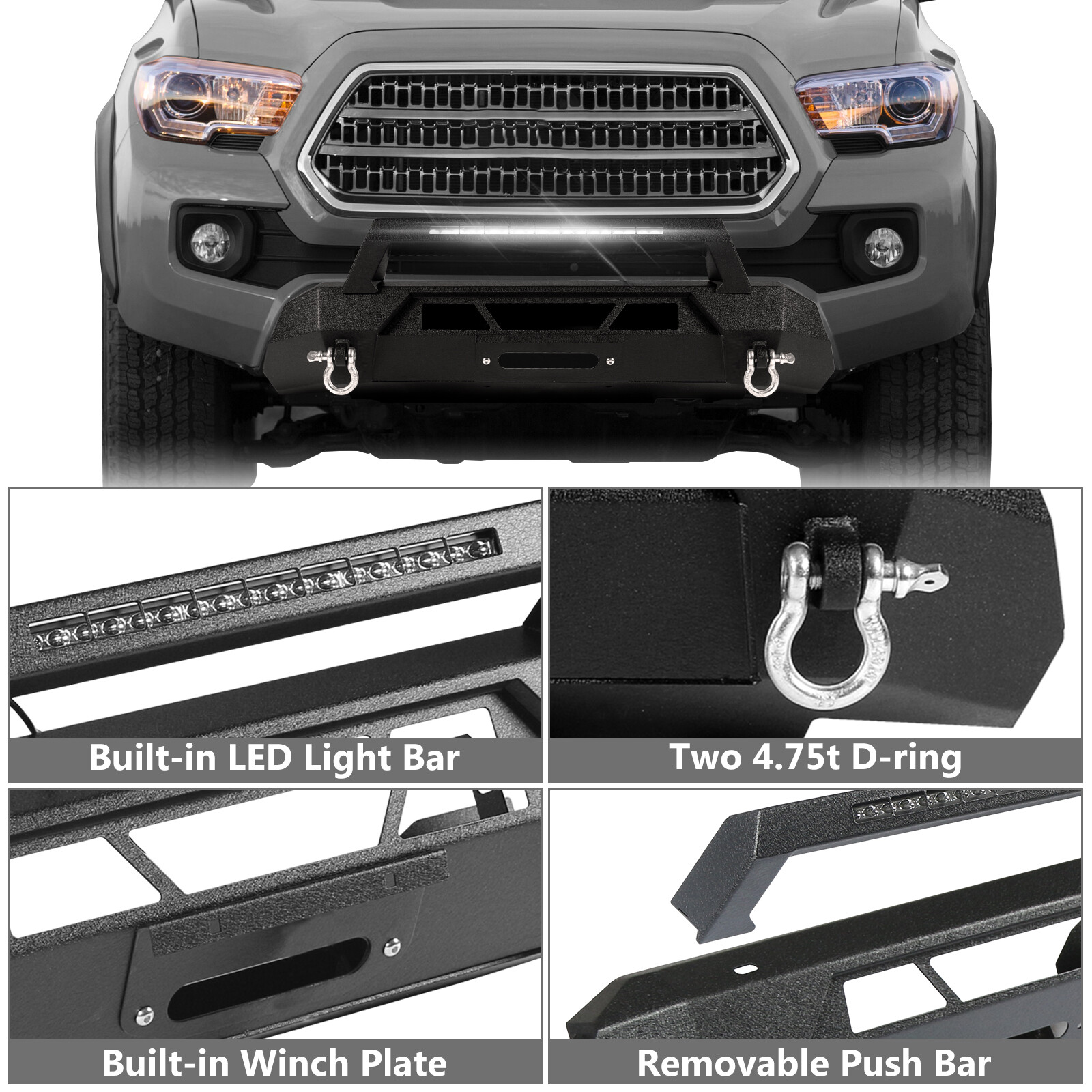 Steel Front Bumper Guard Bull Bar Hidden Winch Fit For Toyota Tacoma 2016-2023
