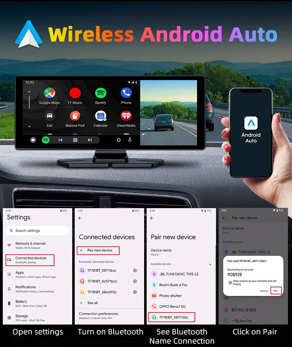 10.26″ 4K Dashcam 360° Rotating Lens Car DVR Wireless Carplay Android Auto GPS