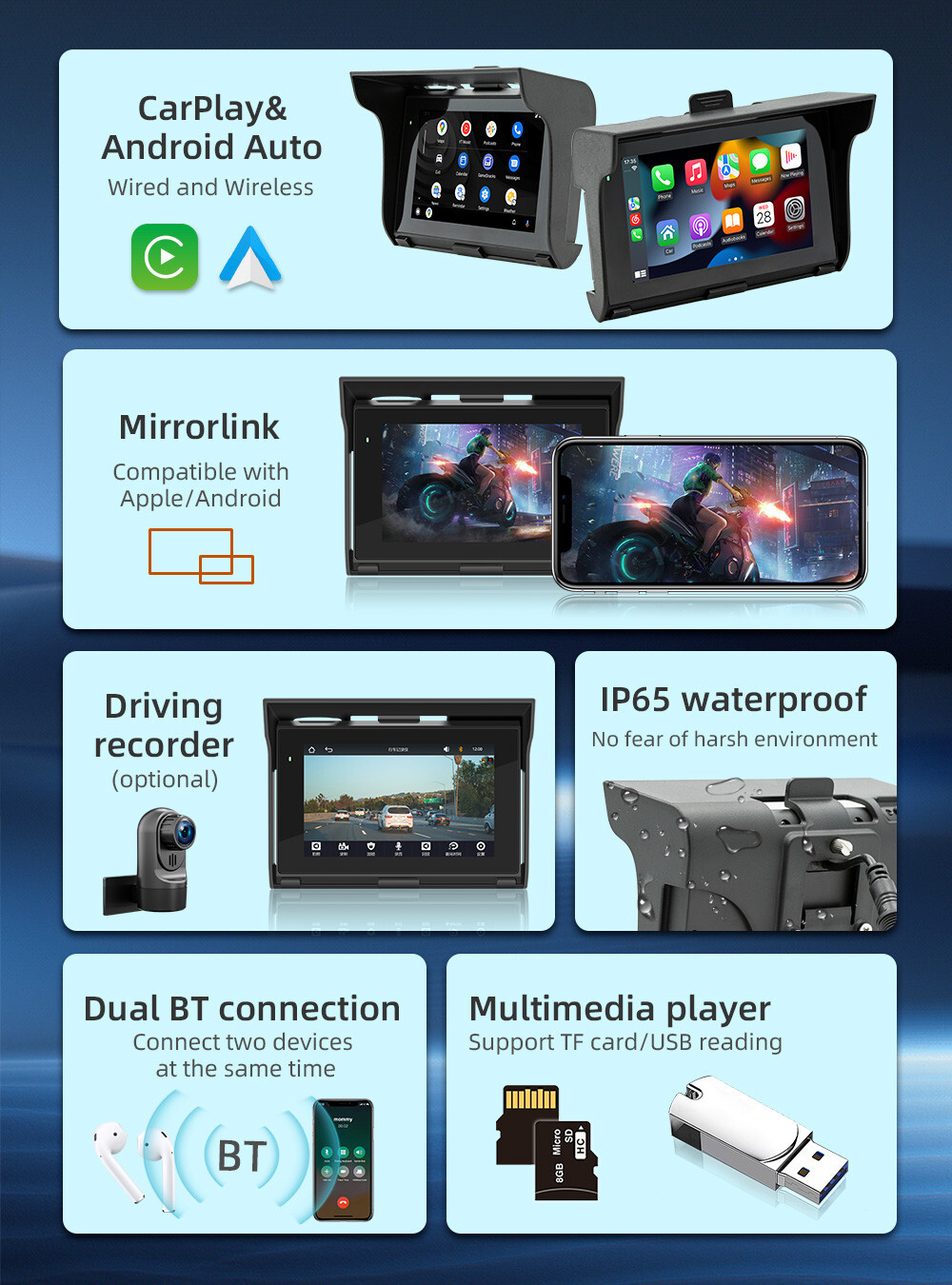 Motorcycle Radio MP5 Player GPS Navigator Portable Wireless Android Auto Carplay