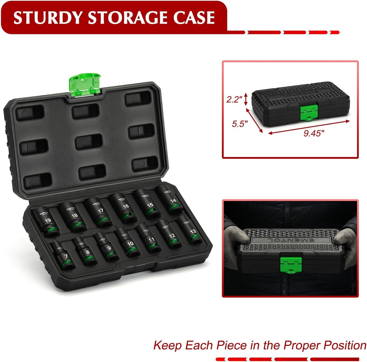 3/8″ Drive Impact Socket Set Semi-Deep Socket 13PCS Metric 7-19mm 12 Point CR-MO
