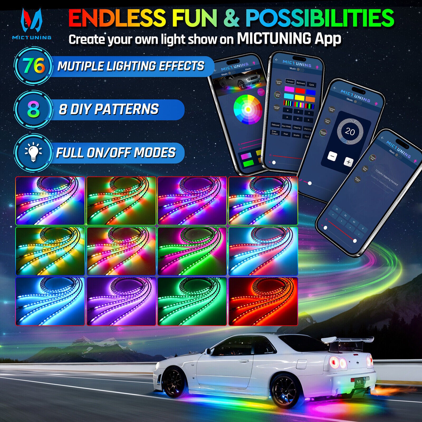 MICTUNING DreamColor Underglow Chasing Light Kit ,RGB+IC LED Lights for All Cars