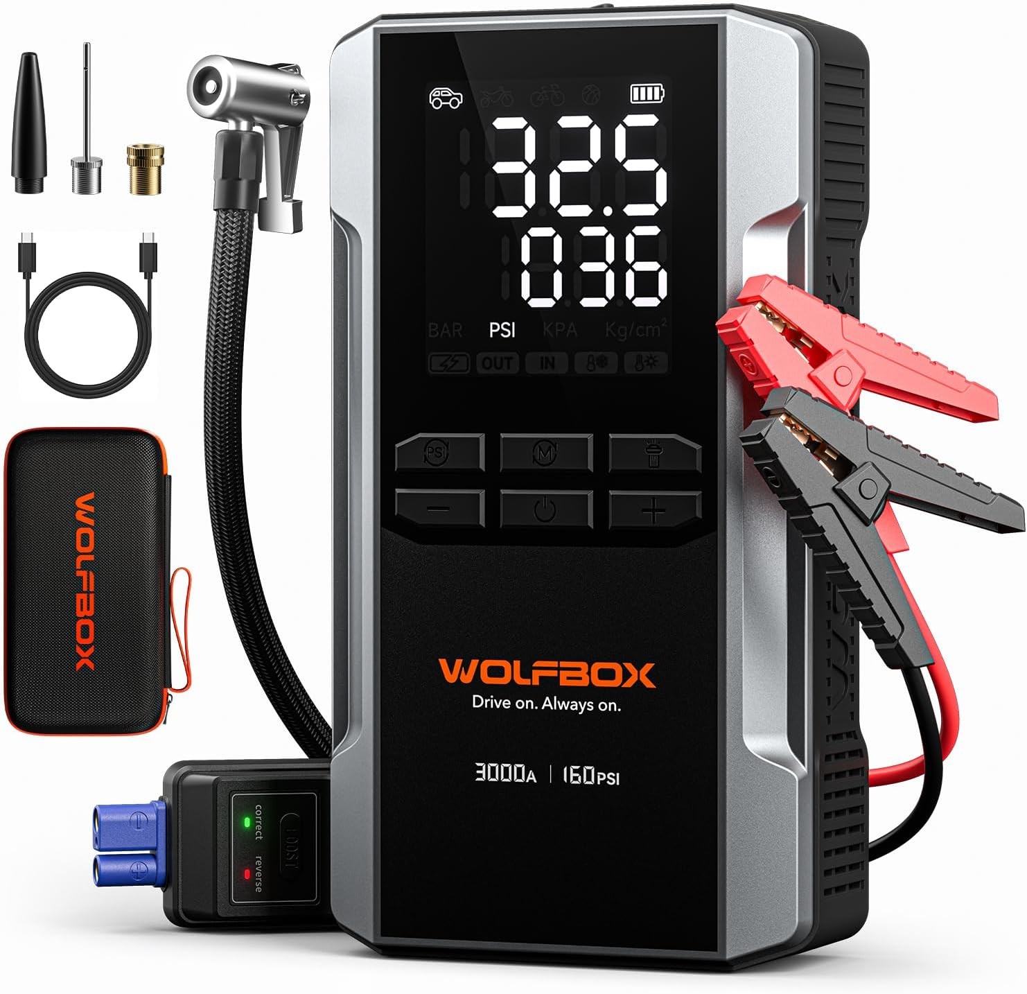 WOLFBOX 3000A Jump Starter Air Compressor 160PSI 65W Fast Charge 12V Booster