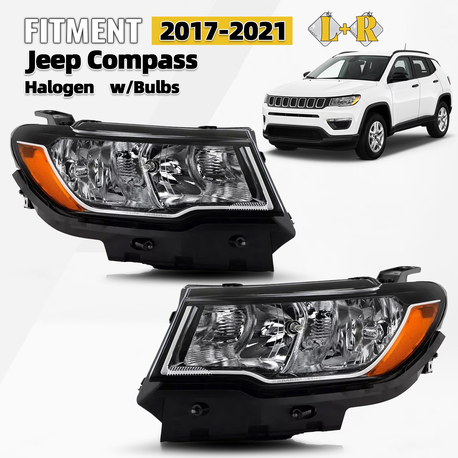 For 2017-2021 Jeep Compass Halogen Headlight w/ Bulbs Left+Right Pair