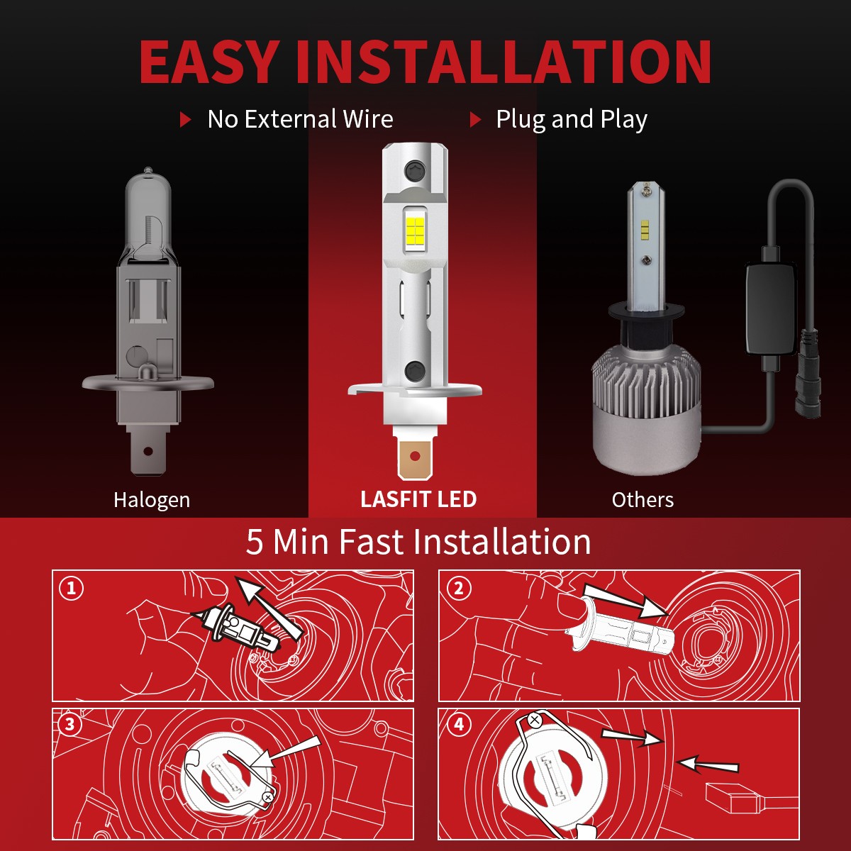 LASFIT 2x H1 LED Headlight Bulb Kit High or Low Beam or Fog Light Lamp 6000K 60W