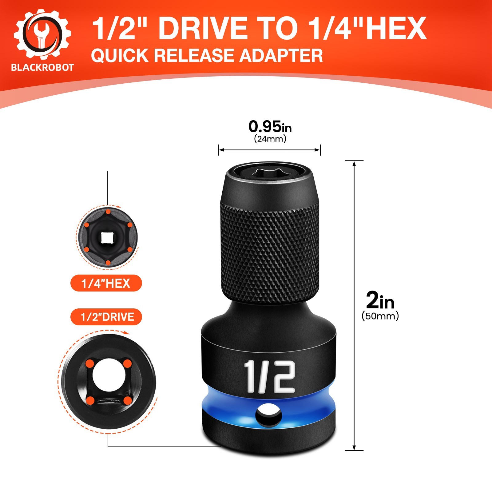 Impact Bit Holders 1/2-Inch Square Drive to 1/4-Inch Hex Socket Adapter