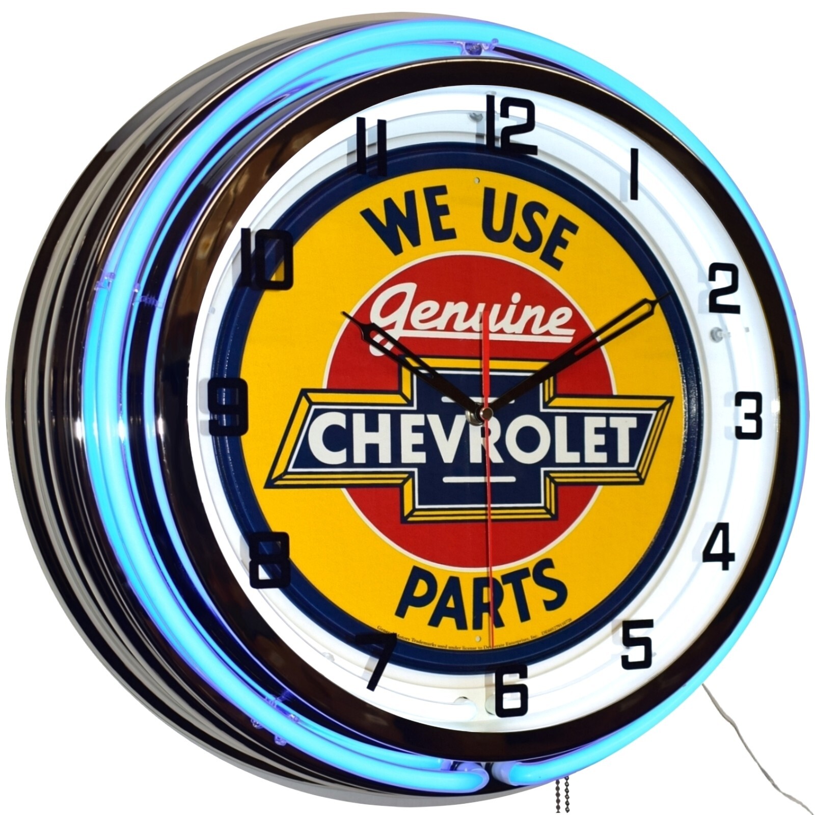 19″ We Use Genuine Chevrolet Parts Sign Double Neon Clock Garage Decor (Blue)