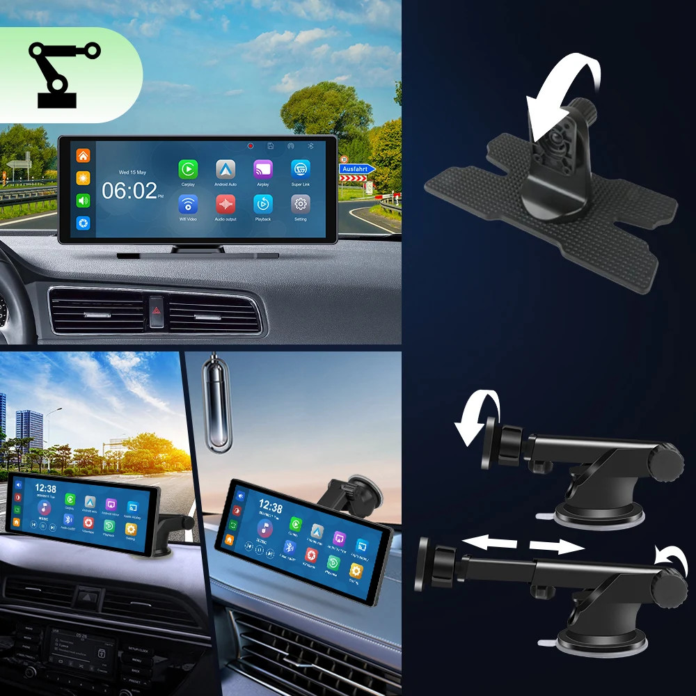 10.26″ 4K Dashcam 360° Rotating Lens Car DVR Wireless Carplay Android Auto GPS
