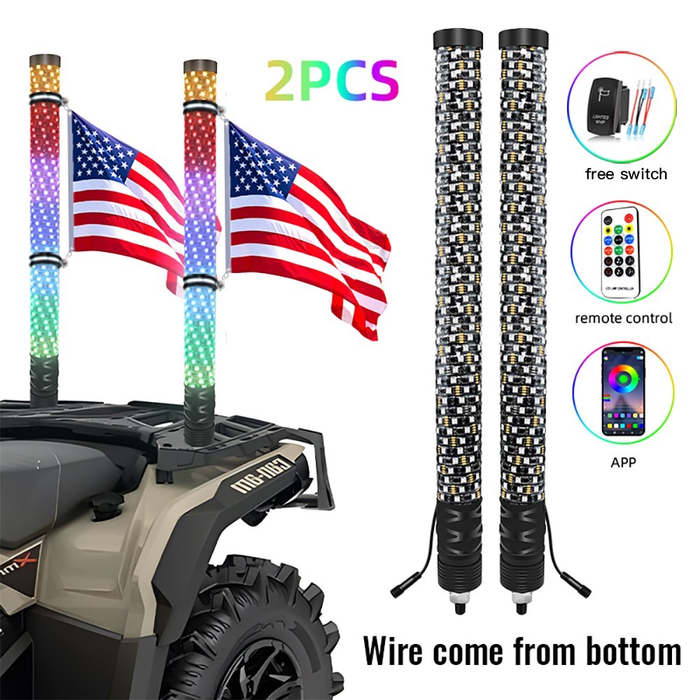 2X2FT RGB Fat Spiral Whip Lights For Polaris RZR PRO XP Kawasaki TERYX KRX4 1000