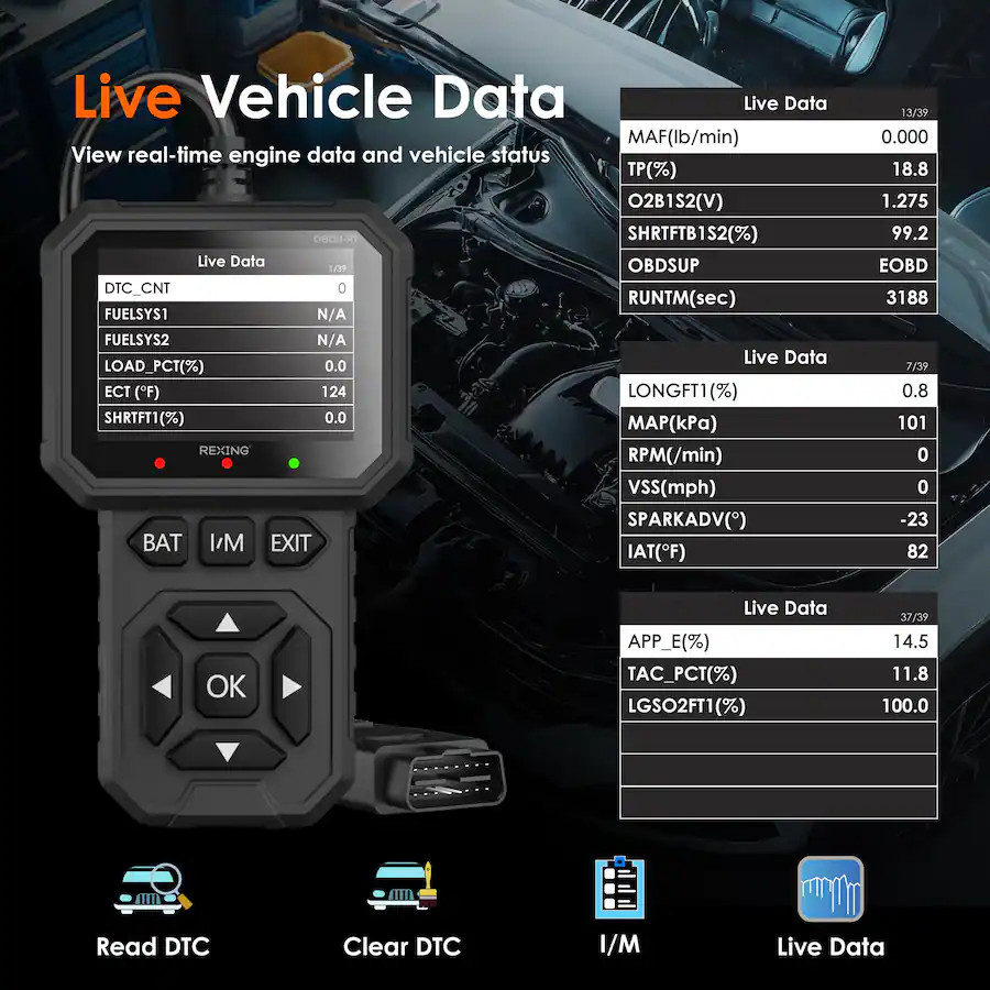 Rexing – Universal OBD II Scanner & Engine Code Reader for 1996+ Vehicles Black