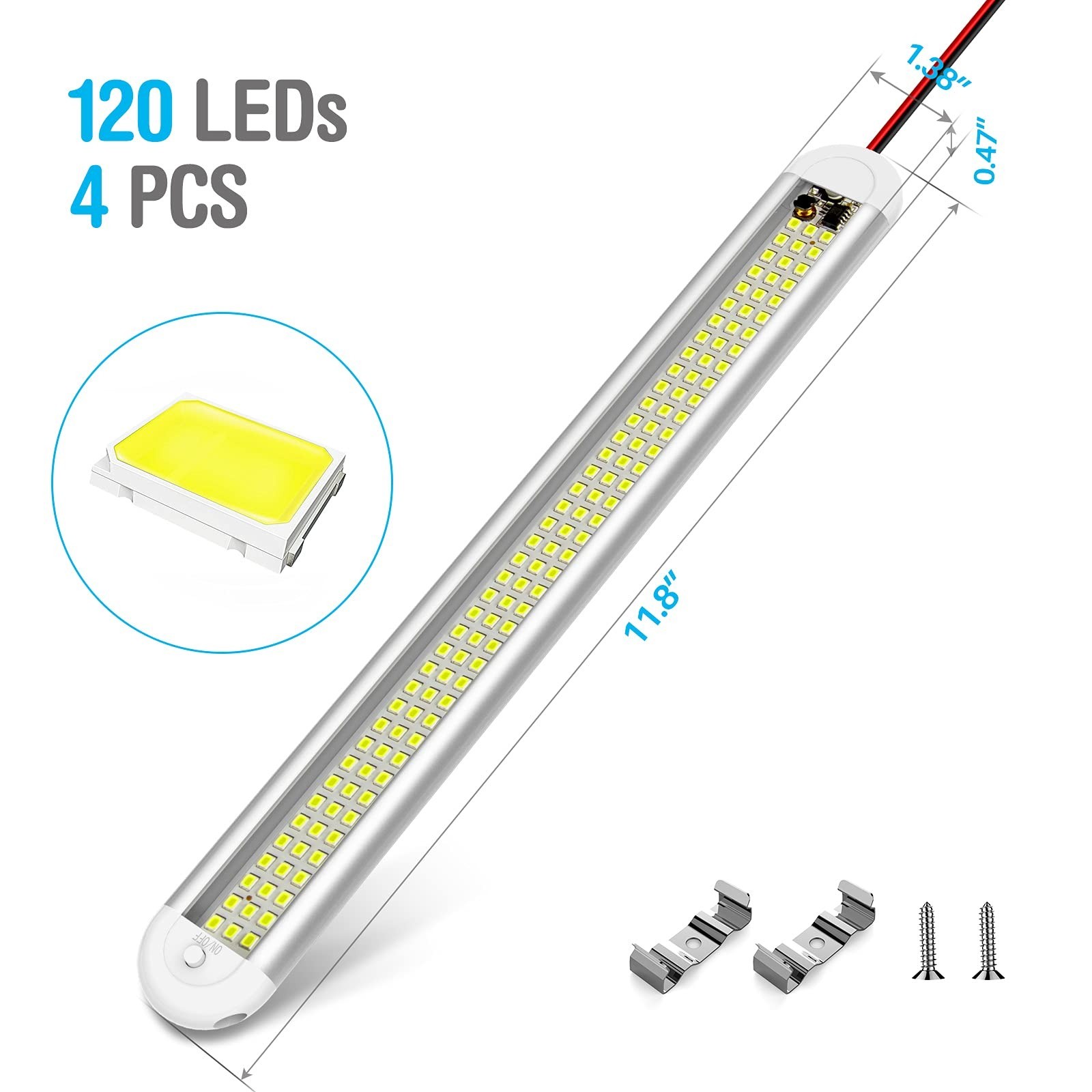 12V LED Interior Light Bar – 120 LEDs, 1500LM, 8W DC Strip Lights, ON/OFF Switch