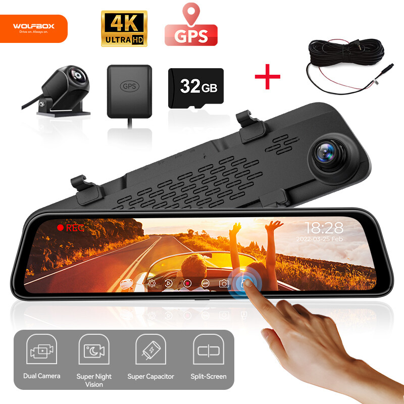 WOLFBOX Mirror Dash Camera 4K Dash Cam Front and Rear With Extension 10M Cable