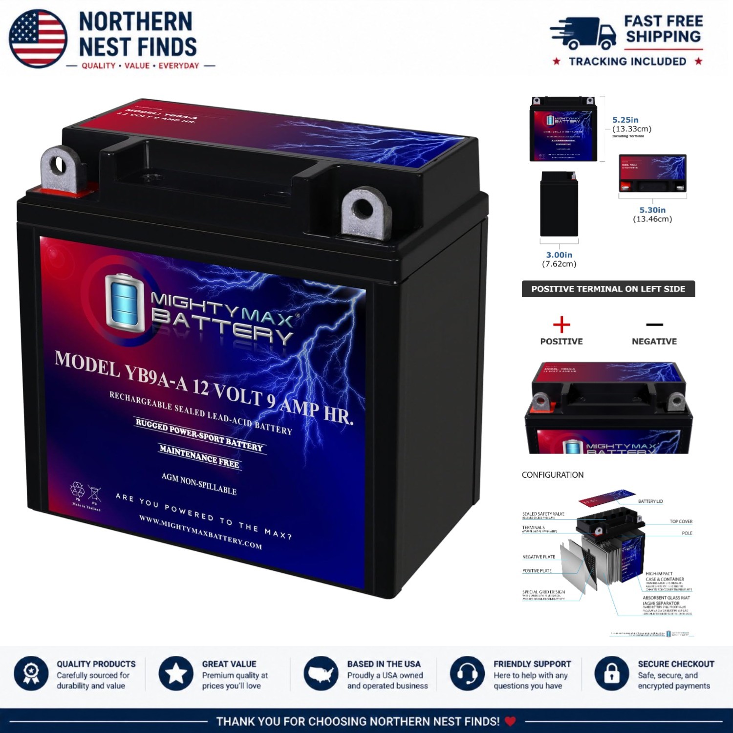 Rechargeable AGM Motorcycle Battery YB9A-A – 12V 9AH, 130 CCA, Compact Design