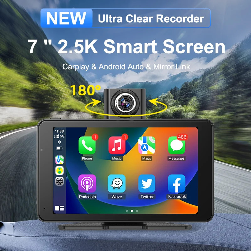 7″ Dash Cam 2.5K DVR Rearview Camera Wireless Carplay&Android GPS Navigation