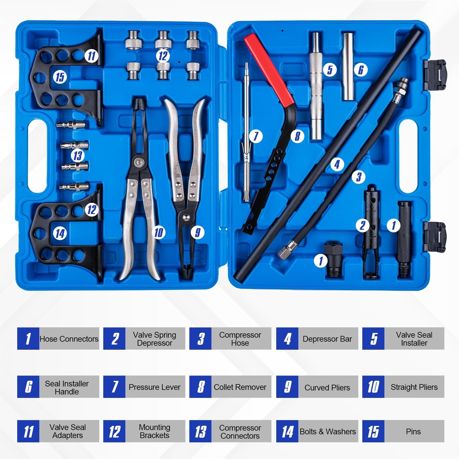 Heavy-Duty Valve Spring Compressor Tool Set, Steel OHV/OHC, 6 Adapters Included