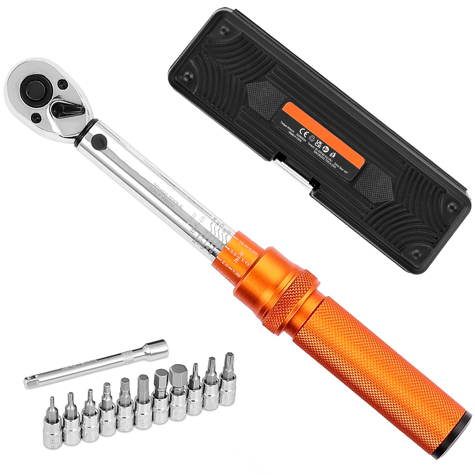 Click Torque Wrench Set 1/4 Inch Drive 20-200lbf-in /2.3-22.6N.m 72-Tooth Orange