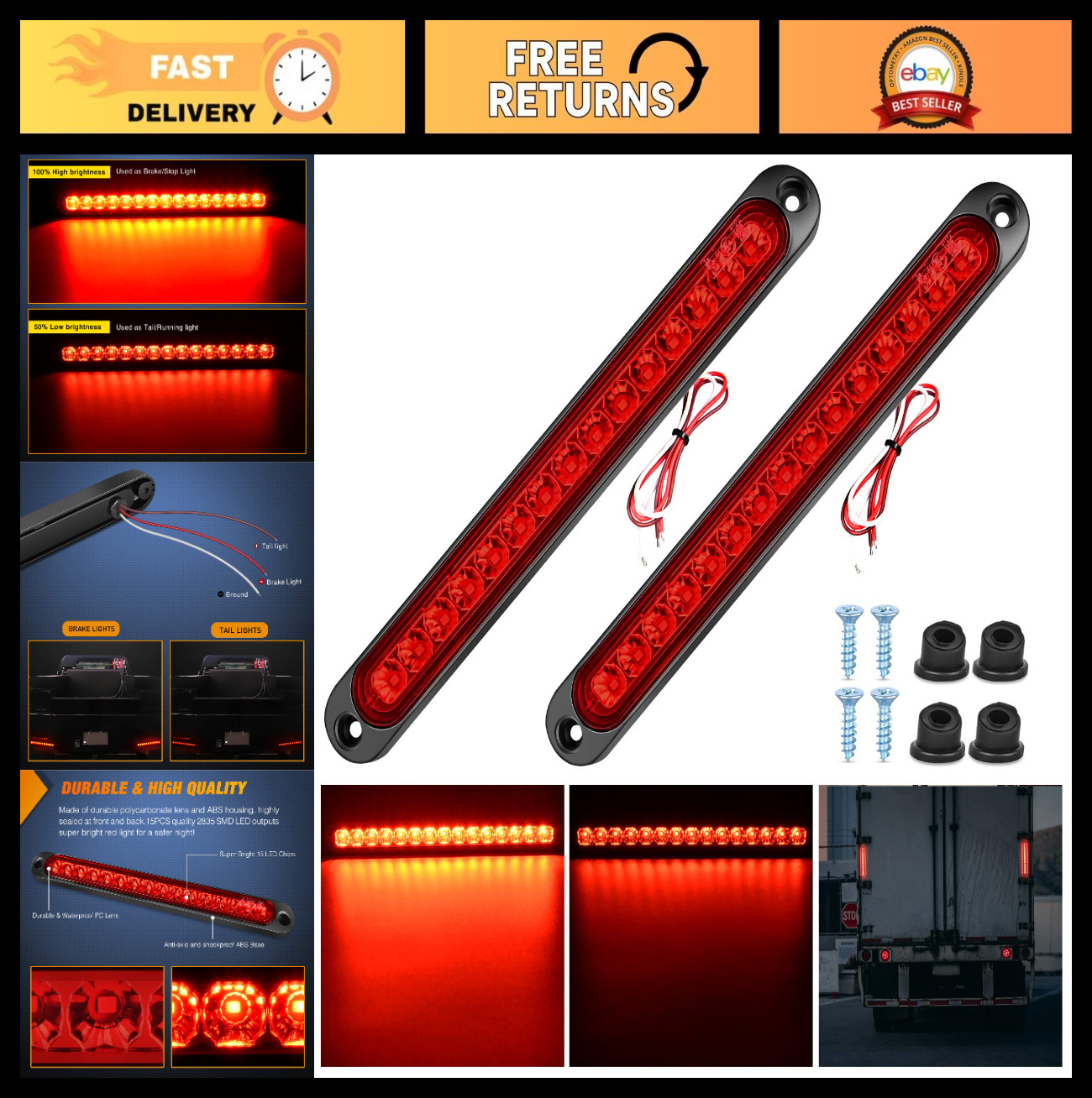 10″ LED Red Trailer Light Bar 2PCS | Waterproof Stop Turn Tail Lights for Truck,