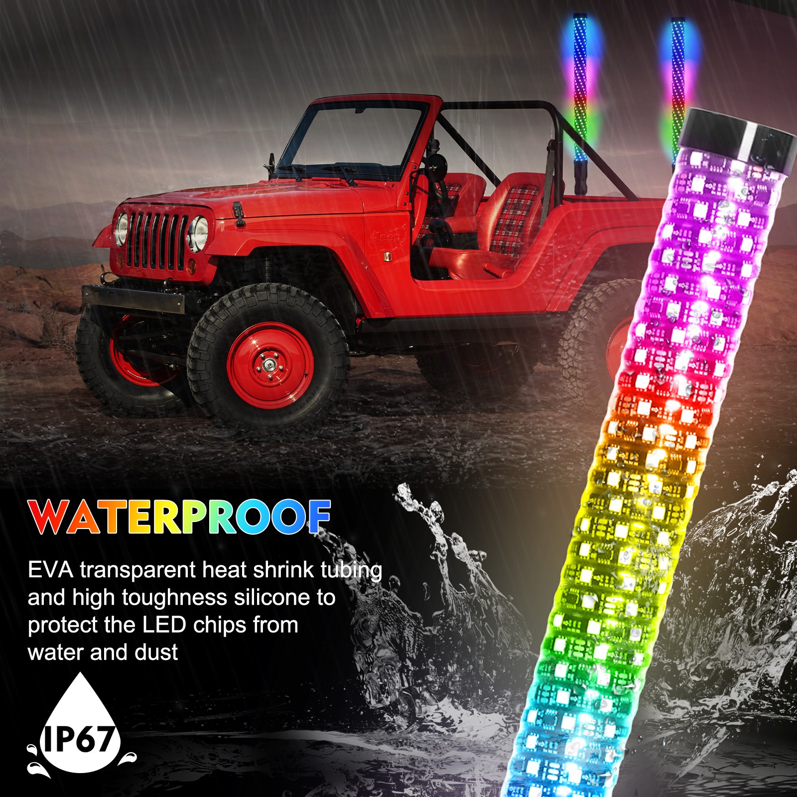 2PCS 2FT Fat LED Whip APP Controlled Antenas Whip Light for Polaris RZR ATV UTV